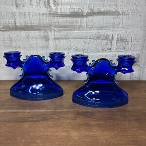 Vintage Cobalt Blue L.E. Smith Double Shield Candle Holder Set